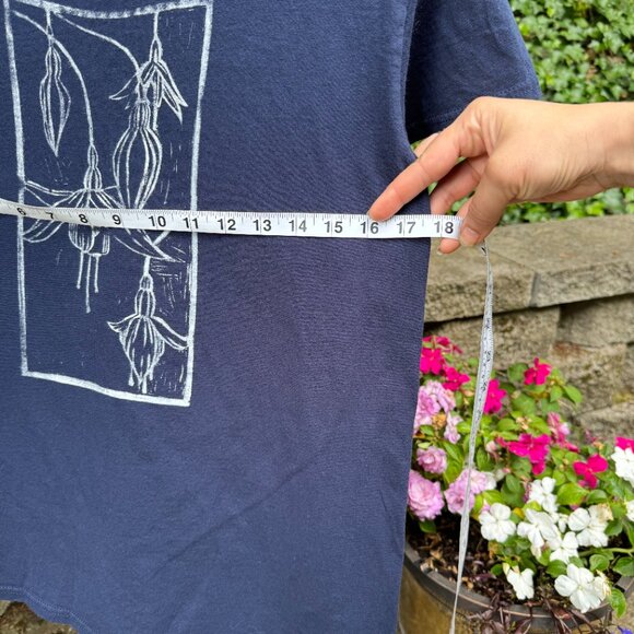 Hand Block Printed Botanical Fuschia T-Shirt – Gildan Blue Cotton Tee (Small) - Picture 4 of 6